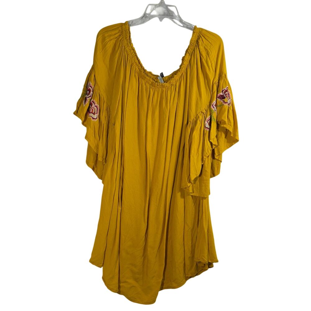 Feathers plus 3x boho peasant rayon aline dress embroidered flowers bell sleeve